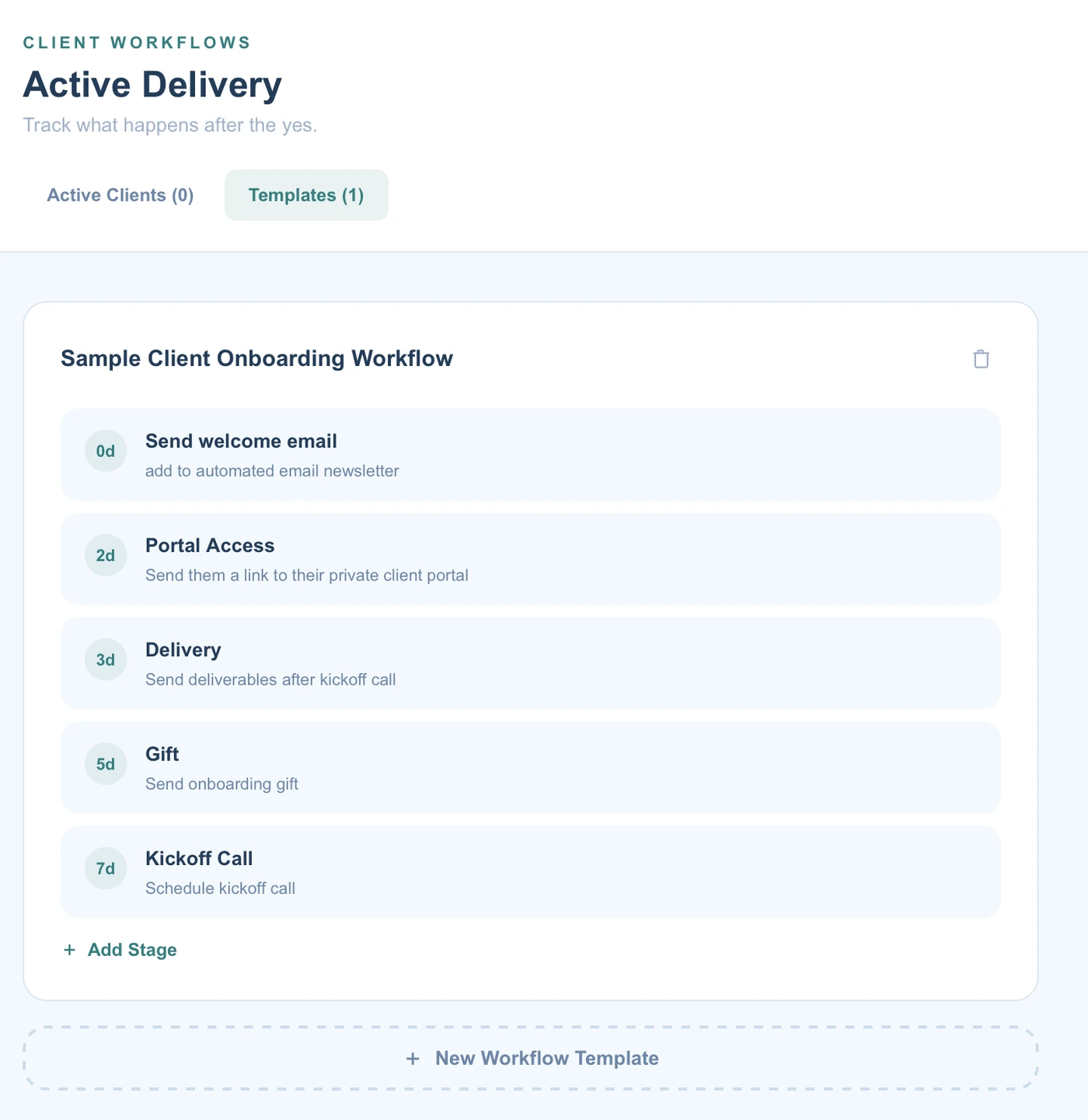 A client workflow template with steps triggered on day 0, 2, 3, 5, and 7 after a client starts