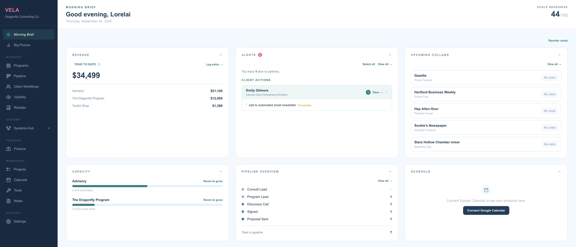 The VELA morning brief dashboard