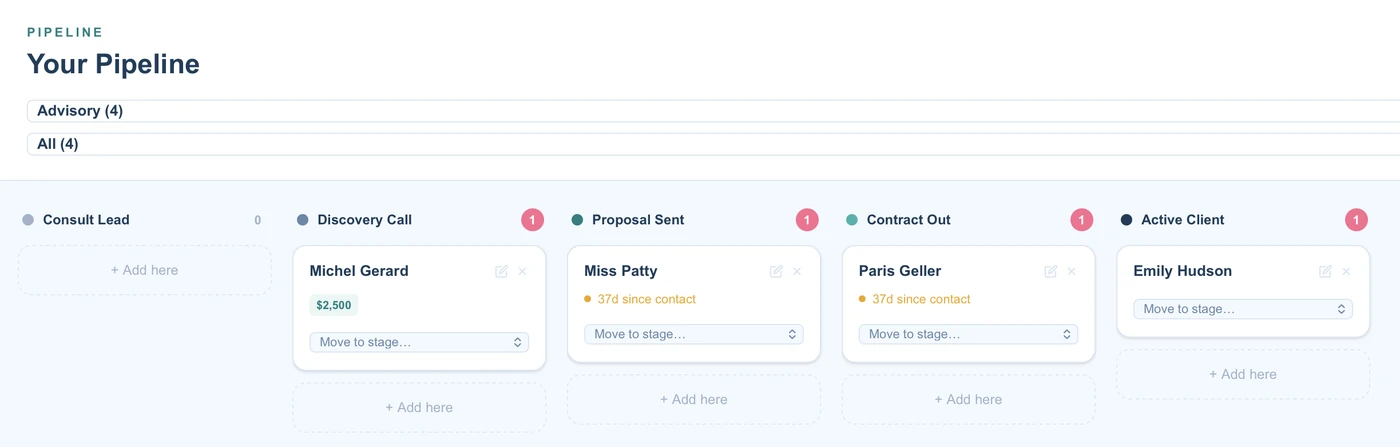 Kanban pipeline with stages from Consult Lead to Active Client and the potential revenue tagged on a lead