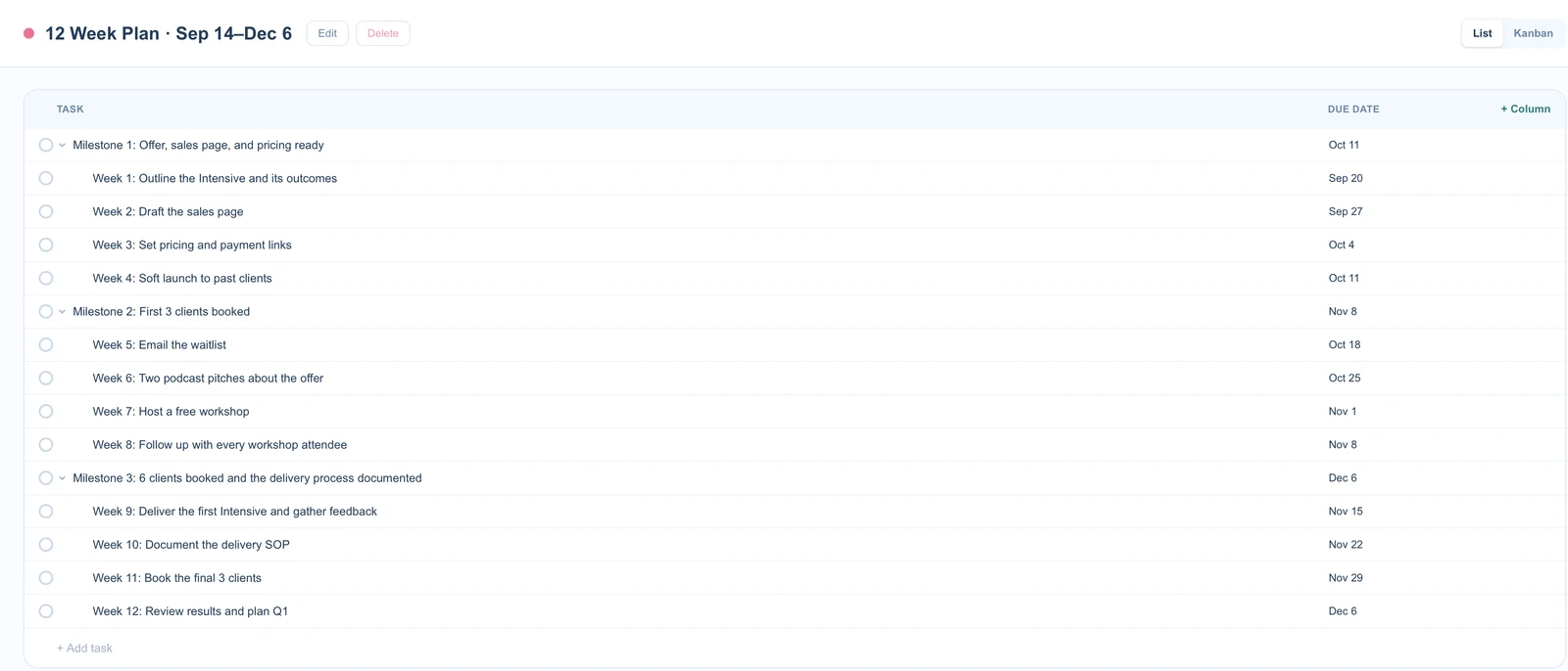 A 12 week plan in Project Hub, with three milestones and a dated task for every week