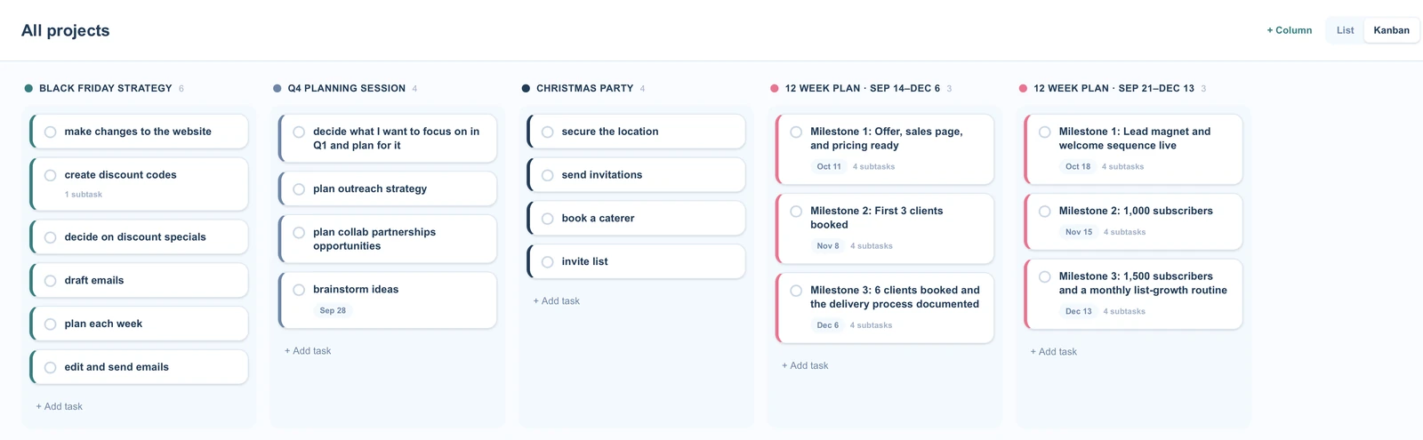 Project Hub in Kanban view, with a column for each project: Black Friday Strategy, Q4 Planning Session, Christmas Party, and two 12 week plans